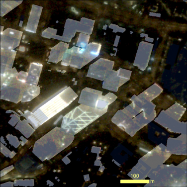 研究團隊分析每棟建築物所發出的光線時，考慮了來自CDSI平台的建築物高度（白色多邊形）。圖片提供：港大香港光污染研究項目小組